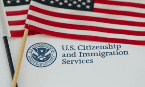 A u. S. Citizenship and immigration services document with an american flag in the background