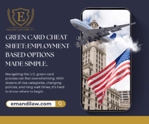 Advertisement for green card cheats and employment-based options with patriotic imagery.