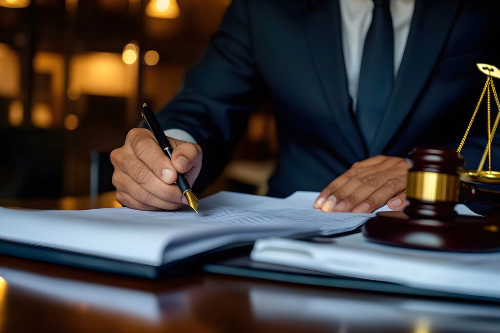 A person in a suit writing in a notebook with a pen.