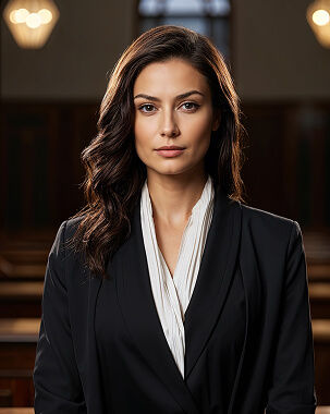Confident woman in a professional black suit posing indoors.